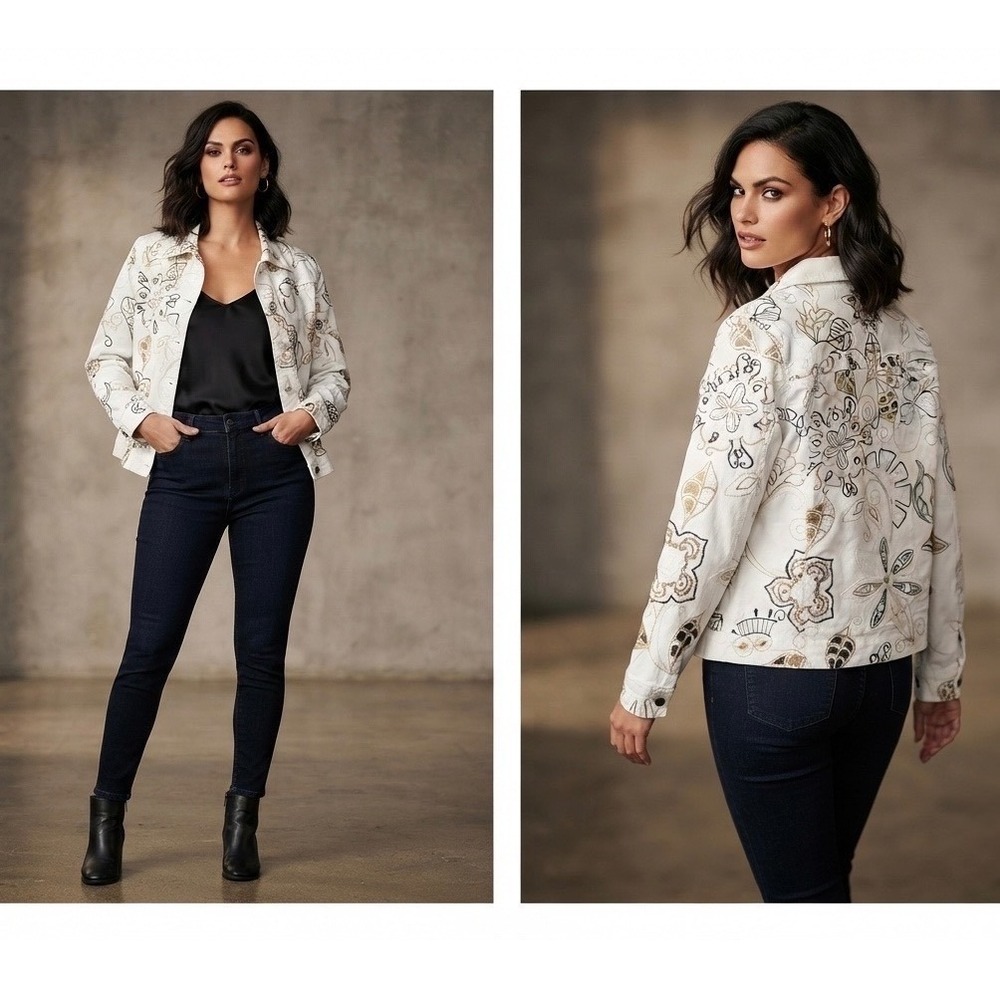 Laura Ashley‎ Petite Womens PM White Floral Embroidered Button Down Denim Jacket